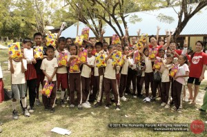 The kids and the goody bags.